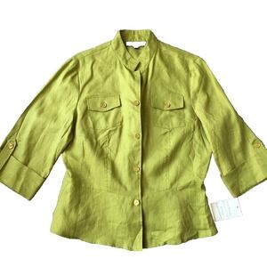 New Jones New York Linen Blazer Jacket Oxford Top Women L 12 14 Gold Tone Button